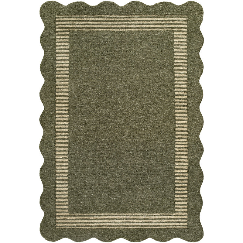 Abstract Wool Hand Tufted Area Rug, Olive Green, Beige, Rectangle 200 x 274 cm