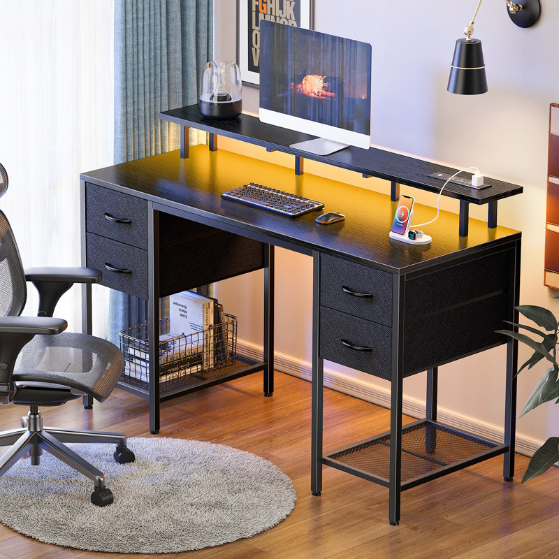 Neesha Desk with LED Lights, Computer Desk with Storage, Corner Desk with Drawers, Home Office Desk with Shelves, Writing Desk with 4 File Drawers, Gaming Desk with Power Outlets, Study Desk