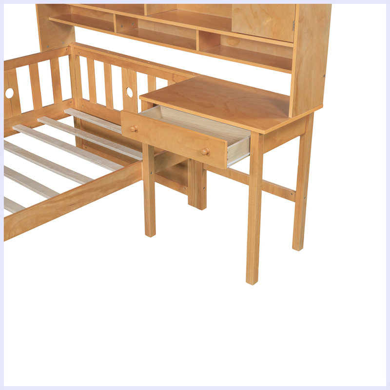 Lit plateforme simple avec bibliothèque, bureau et chaise, Naturel