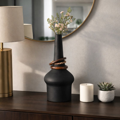 Modern Sculptural Metal Bottle Shape Table Vase with Wooden Rings for Home Decor - Artistic Tall Flower Vase for Living Room Styling - Black & Brown