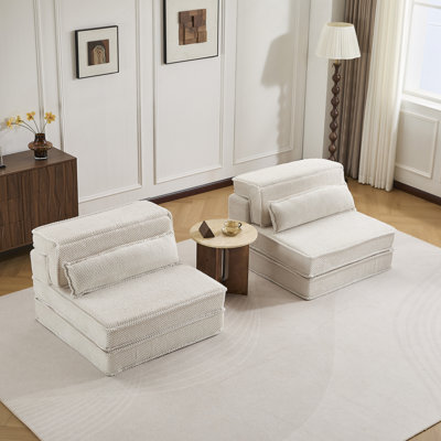 Canapé à compression, canapé-lit convertible au sol, canapé modulaire désossé bricolage, aucun assemblage requis, tissu polaire circulaire, surdimensionné à 2 places avec 2 coussins, blanc