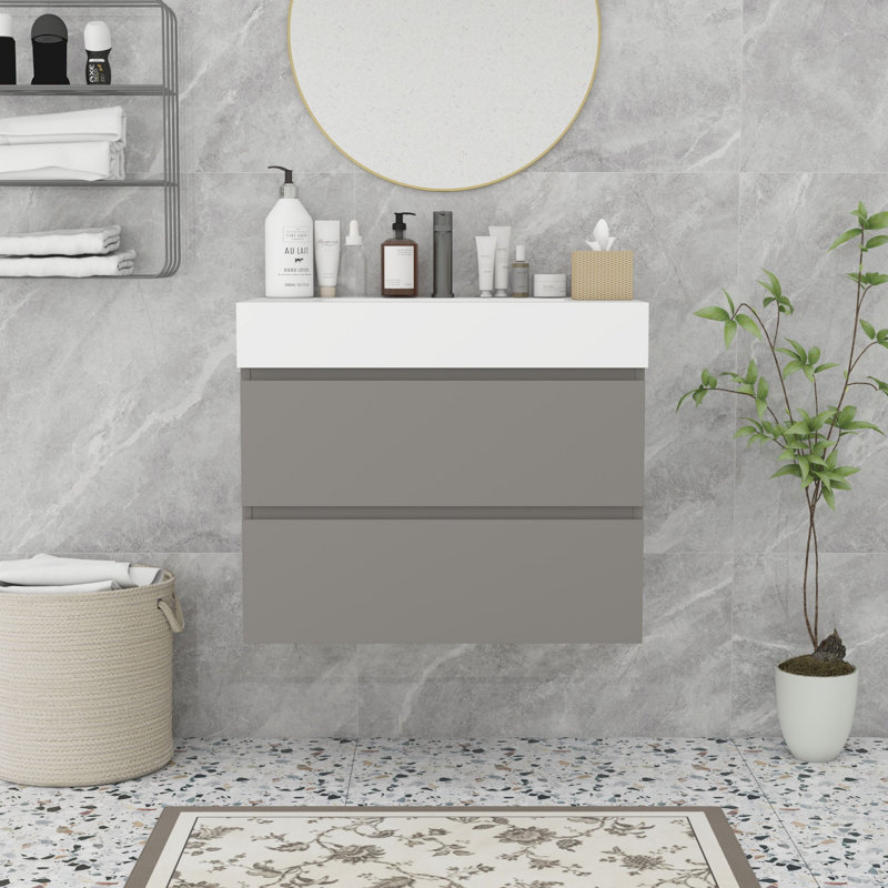Meuble-lavabo moderne avec lavabo, Blanc, Gris