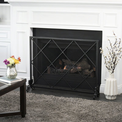 Fireplace Screen Iron - Single Panel, Contemporary Minimalist Style, 42.36" X 9.02" 32.66", Black Panel Modern Style Diamond, Finish