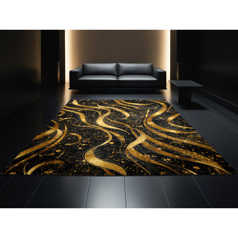 Tapis noir moderne et contemporain lavable à la machine Adamek New Years, 6x9
