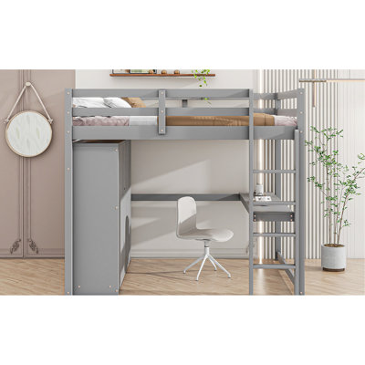 Lit mezzanine double en bois massif avec garde-robe intégrée, bureau et tiroirs de rangement dans l'espace fonctionnel gris