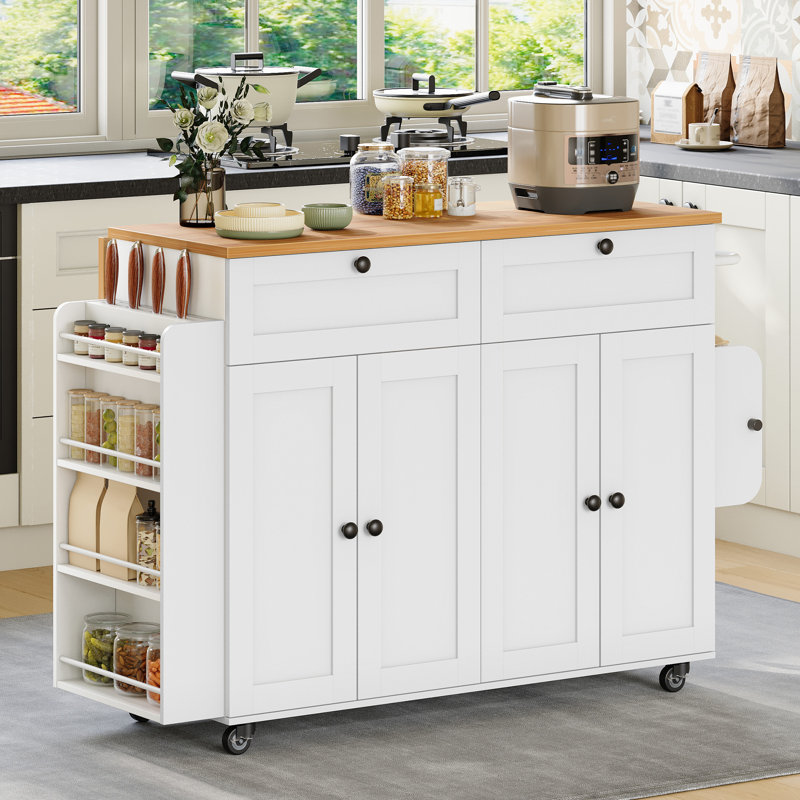 Kitchen Island, 53.1" Rolling Kitchen Island Cart on Wheels with Power Outlet & Drop Leaf, Portable Mobile Island Table with Spice Rack, Towel Rack, Knife Holder, Drawers, White