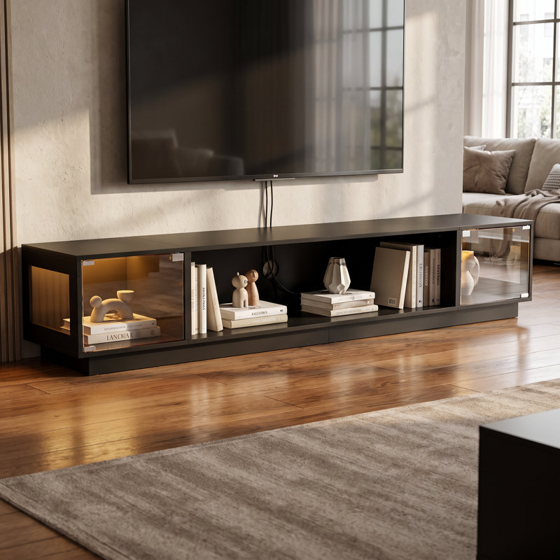 Meuble télé moderne noir avec portes en verre trempé, bande lumineuse à DEL, 2 tiroirs et tablette de rangement ouverte, centre de divertissement long pour le salon