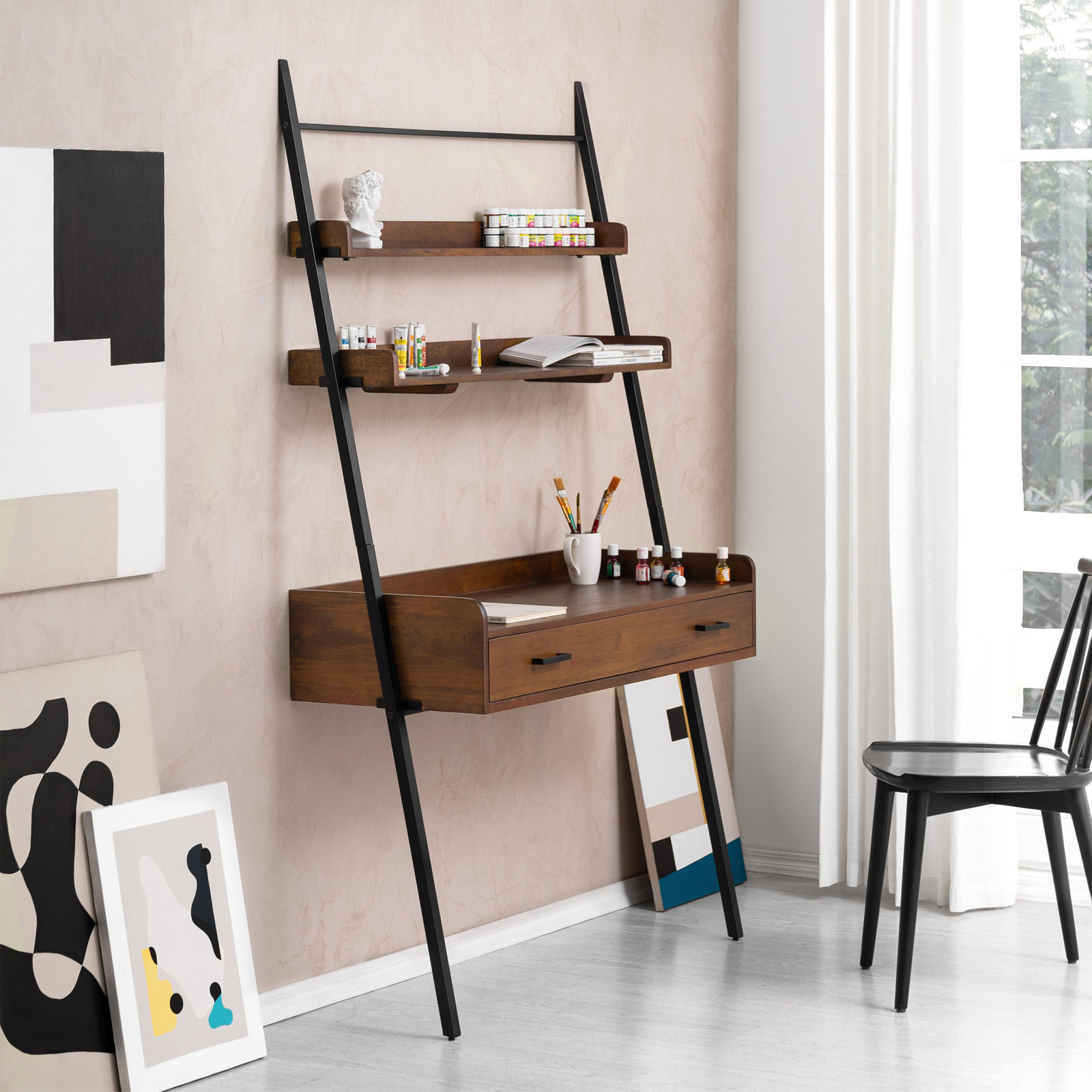 Innes Leaning/Ladder Desk, Walnut/Black