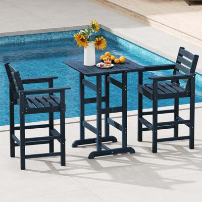 3-Piece Patio HDPE Bar Set Armchairs with Square High-Top Table Footrest Backrest by Red Barrel Studio