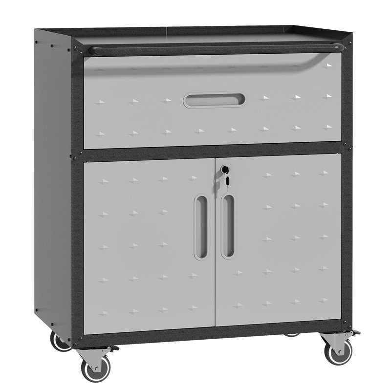 Sturdy And Durable Metal Tool Cabinet For Garage With Wheels - Mobile Heavy-Duty Storage Cabinet With 1 Drawer And 2 Locking Doors, Rolling Tool Storage Cabinet