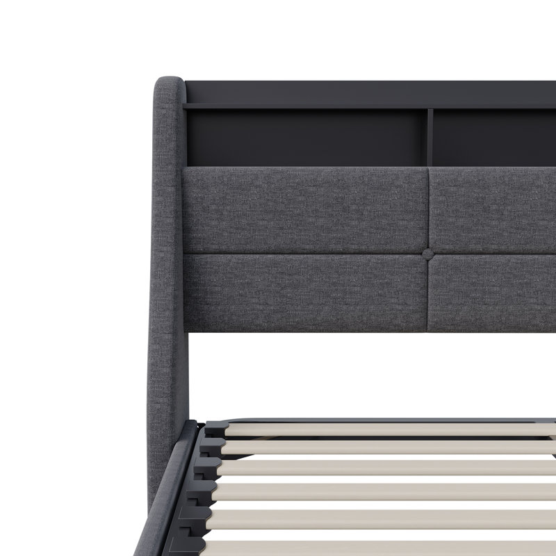 Hydraulic Lift Up Beds, Modern Upholstered Double Bed Frame With Storage And Headboard, Ottoman Storage Bed Platform Bed With LED Lights And Charging-Port For Bedroom, Grey(European Plug, 160X200cm)