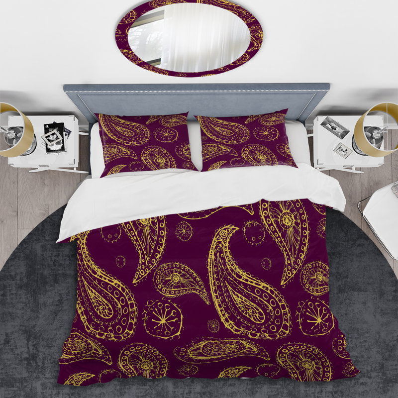Ensemble de housse de couette à motif cachemire jaune et mauve, Housse de couette pour très grand lit et 2 très