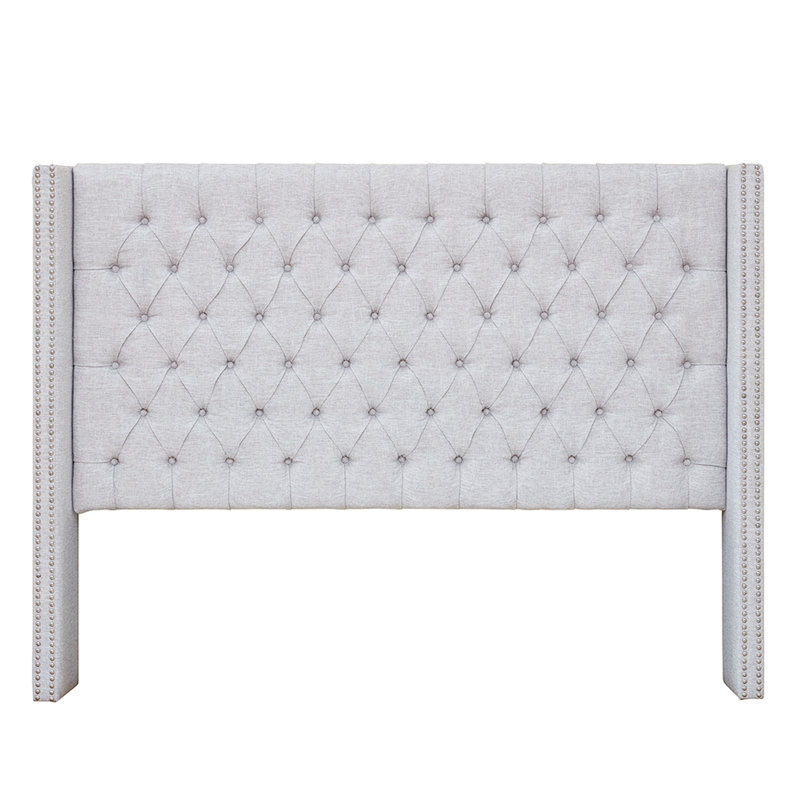 Upholstered Headboard For Bedroom, Button Tufting, Double Nailhead , Black Legs, Grey , 68.47"W Modern Upholstery Headboard, Design, 8.47"D X 55.07"H To 60.75"H