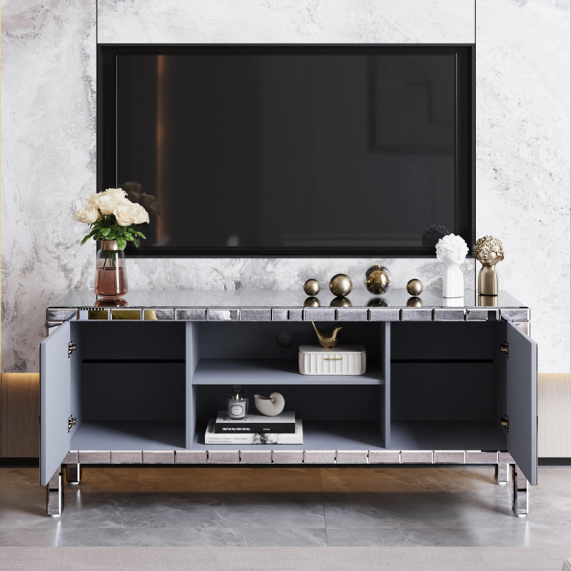 Meuble télé 60 po en miroir avec portes en verre concassé, console média pour table télé de 65 pouces et 60 pouces, portes en cristal et miroir argenté