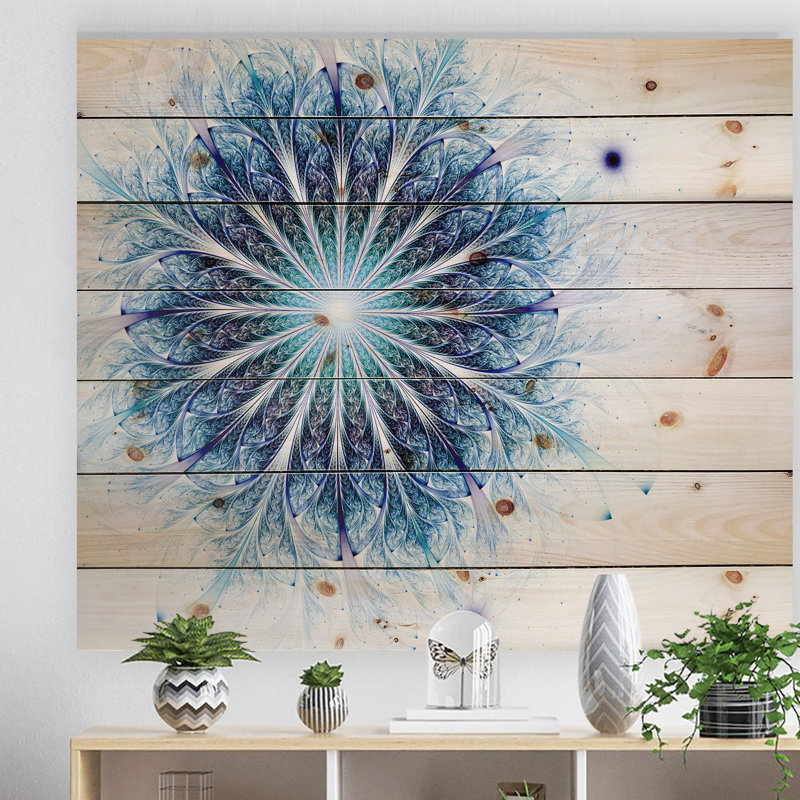 «Fractal Flower Light Blue Digital Art», impression, H 36 po x l 46 po x P 1,5 po, Bois