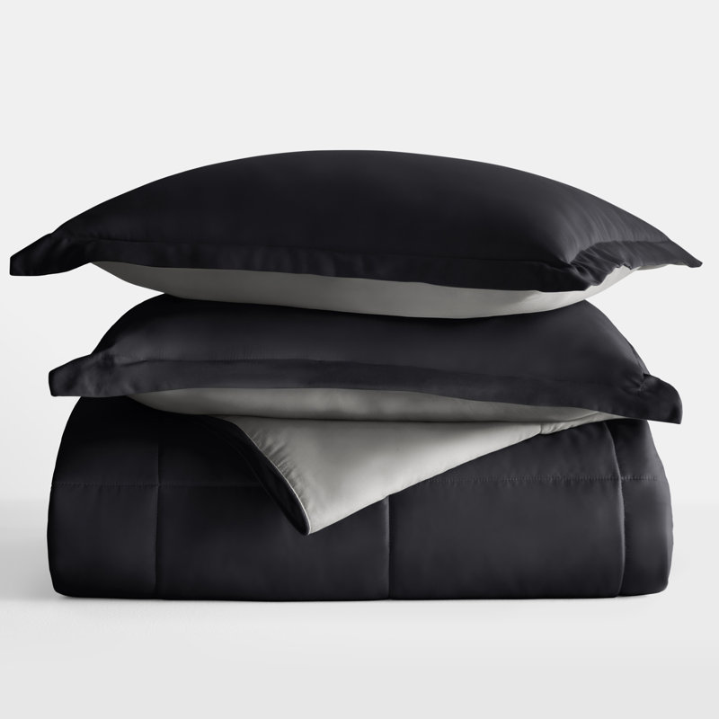 Reversible Down-Alternative Comforter Bedding Set, Full/Queen Comforter + 2 Shams, Black
