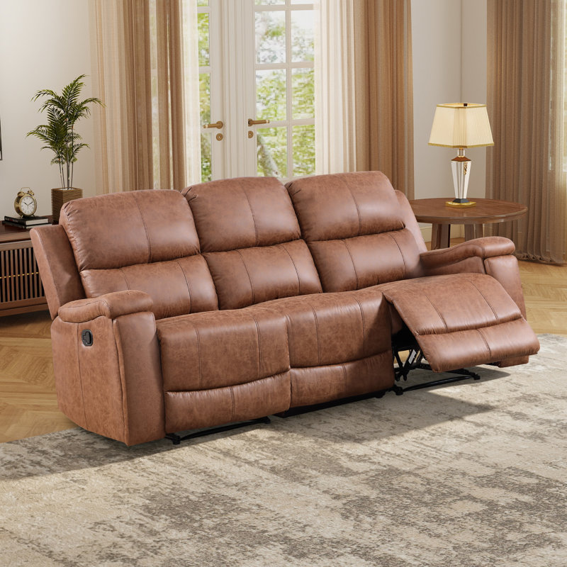 83.8'' Wide Classic Breatheable Faux Leather Manual Reclining Sofa,3-Seater Recliner Couch with Cupholders, Cognac