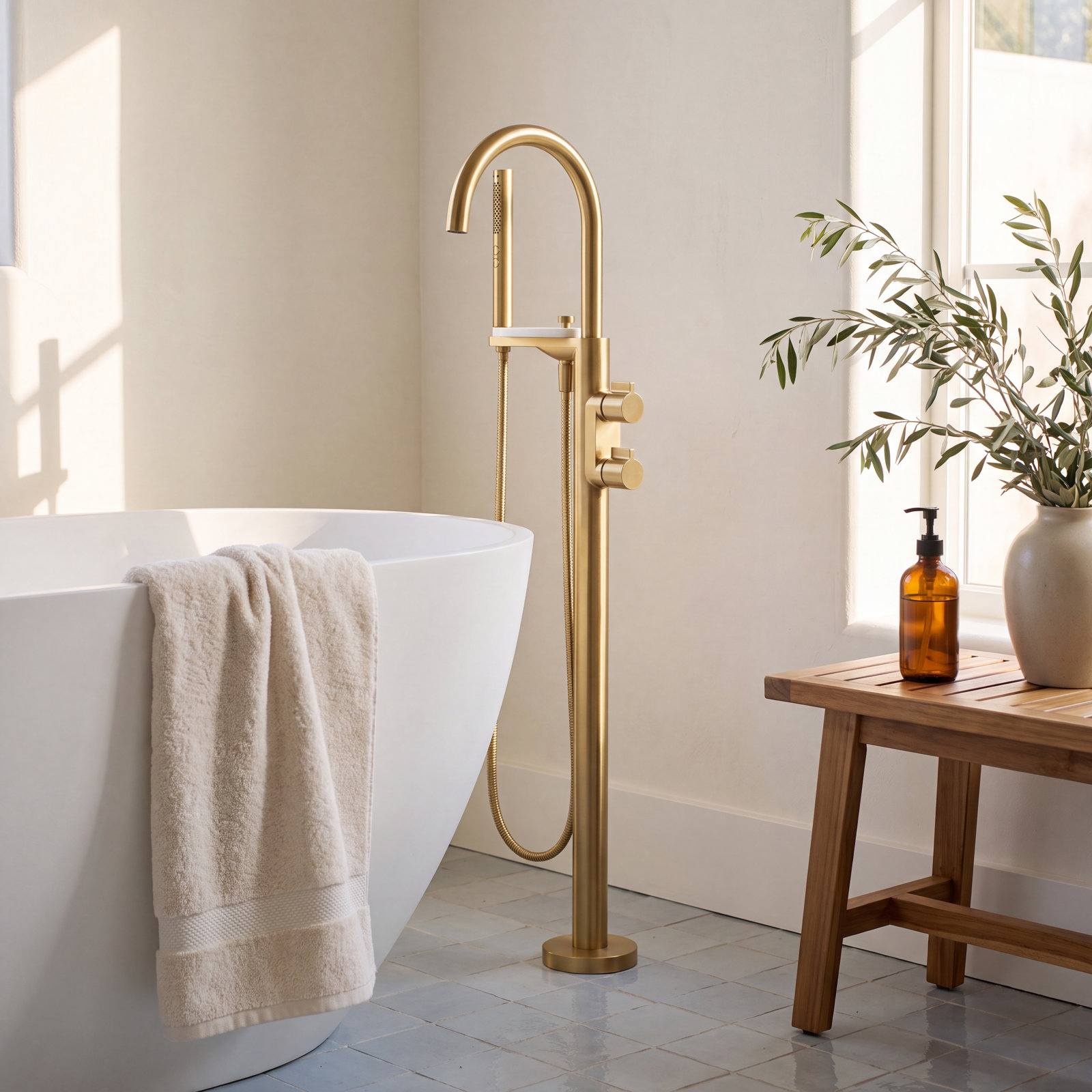 Components Freestanding Bath Filler Trim, Vibrant Brushed Moderne Brass, Knob Handle