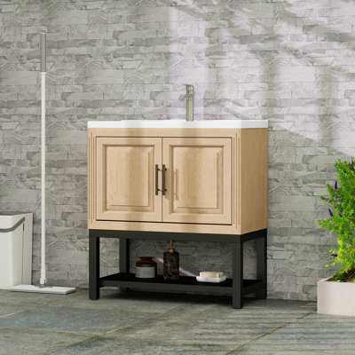 Meuble-lavabo 32 po avec lavabo en céramique et robinet d'eau chaude et froide, armoire de salle de bain autoportante avec 2 portes de rangement et tablette ouverte en fer pour la salle de bain