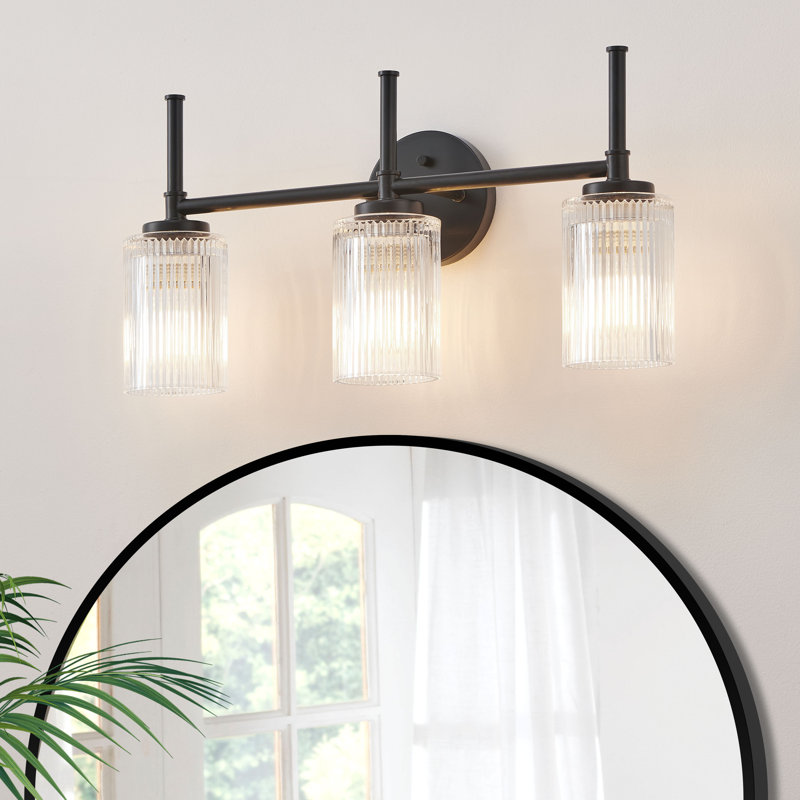 3-light Vanity Light With Ribbed Glass Shades, Matte Black