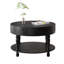 Table basse ronde noire de 80 cm avec plateau rabattable et rangement, tablette inférieure ouverte pour la décoration, montage facile en 10 minutes, finition laquée, idéale pour le salon, double espace de rangement, compartiment caché pour magazines.