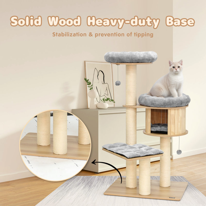58.6" Pine Wood Cat Tree with Gray Cushions and Sisal Posts