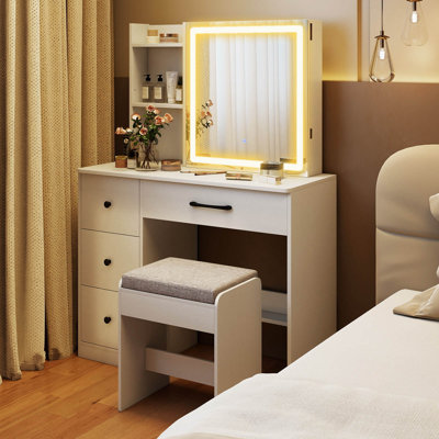 Vanity Desk with Sliding Mirror and Lights Makeup Table and Chair Set with 4 Drawers