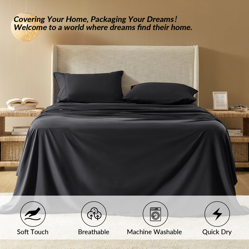 Draps et taies d'oreiller en polyester, Ensemble de draps pour grand lit avec 2 taies d'or, Noir