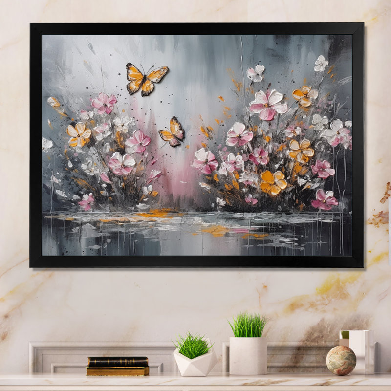 Fleurs de Rylène avec papillons blancs II - art mural floral grand, Cadre noir, H 30 po x l 40 po x P 1,5 po