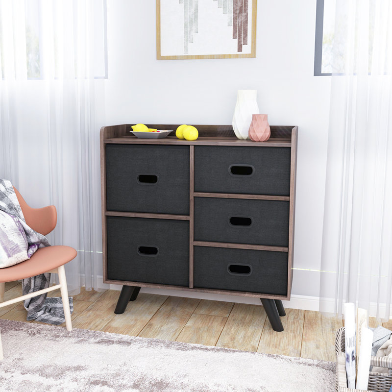 Armoire de rangement pour commode avec 5 tiroirs en tissu à tirage facile, cadre en panneau de fibres à densité moyenne robuste et rangement pour garde-robe en bois, unité d'organisation pour les maisons, les bureaux et les dortoirs