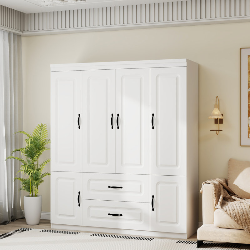 Armoire penderie 4 portes avec 2 tiroirs et tringle blanche