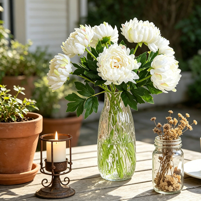 Ensemble de 6 branches de fleurs artificielles de chrysanthème 18,11 po à tige blanche soyeuse et souci de mariage