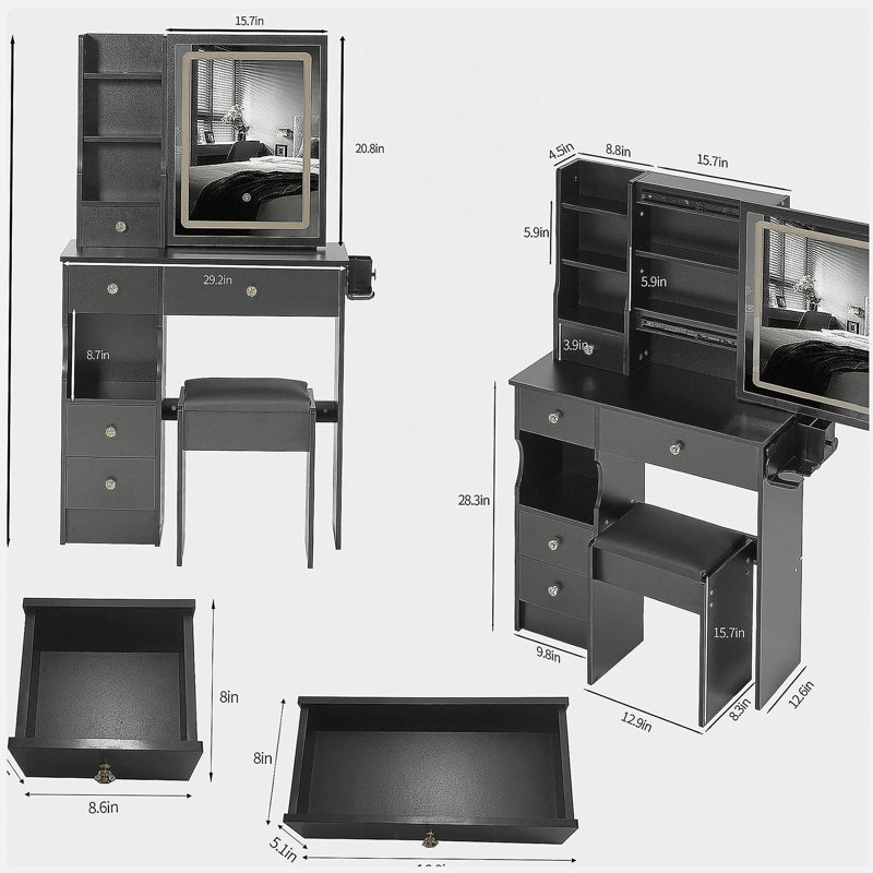 29.2" Small Size Left Drawer Desktop Vanity Table + Cushioned Stool, 2 AC+2 USB Power Station, Hair dryer bracket, Extra Large Touch Control Sliding LED Mirror, Tri-color Switching, Brightness Adjust
