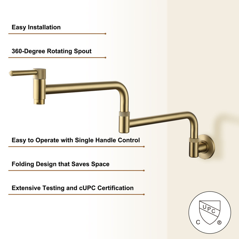 CASAINC 1.8 Flow Wall Mount Swing Arm Folding Pot Filler Kitchen Faucet, Brushed Gold