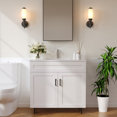 36 Inch Bathroom Vanity with Sink, Freestanding Wooden Bathroom Vanity with 2 Doors and Metal Legs, Bathroom Cabinet Vanity with Ceramic Sink (Paint, 36)