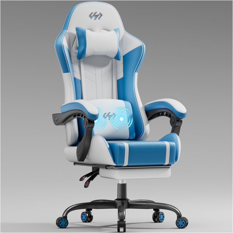 Metro Lane Adjustable Reclining Ergonomic Faux Leather Swiveling PC & Racing Game Chair with Footrest, White/Blue