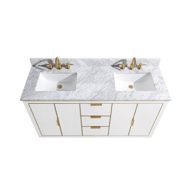 Austen 61'' W Double Vanity, Carrara White Marble/Gold, White