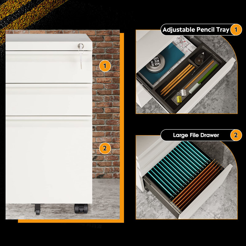 3 Drawer Mobile File Cabinet, White