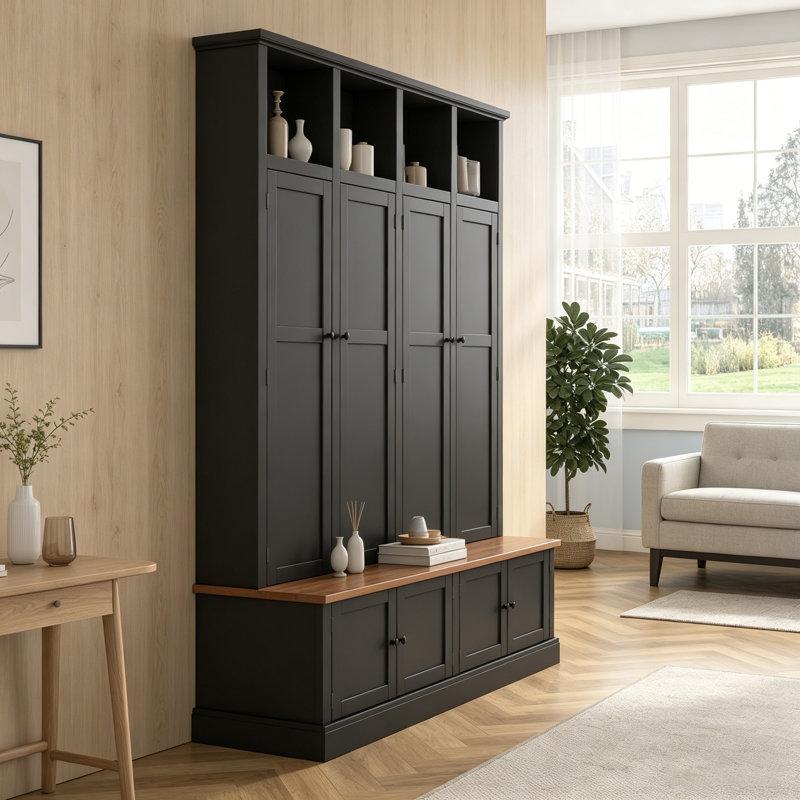 76.7''H 4-In-1 Modern Farmhouse Hall Tree With Bench & Cabinet, Entryway Storage Organizer With Open Cubbies & Hooks For Entryway/Hallway/Living Room