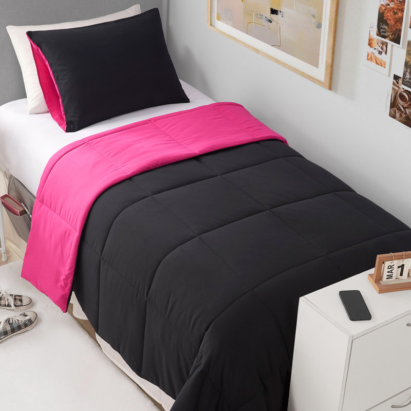 The Sheet Lab Box Stitch Reversible Comforter Sets, Queen Comforter + 2 Standard Shams, Black/Hot Pink