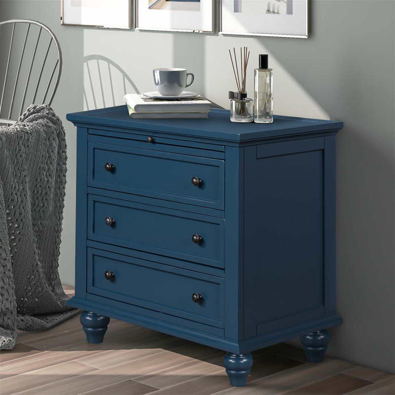Modern 3-Drawer Nightstand with Pull-Out Tray, Stylish Sofa Side Table with Rubber Legs, Blue