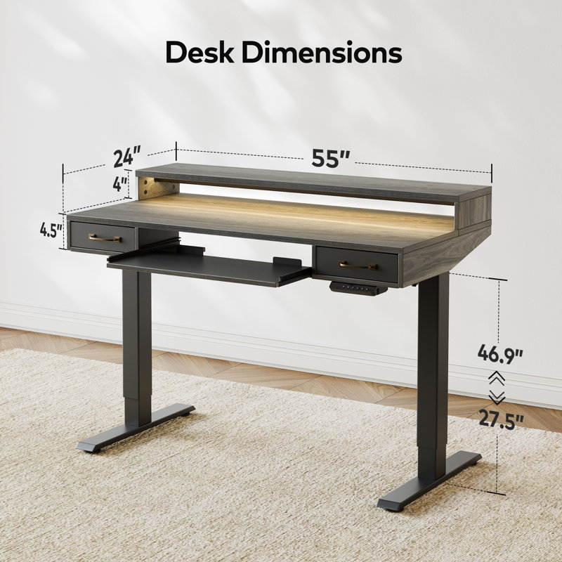 Lindenwold Rectangle Standing Desk, 46.9'' H x 55" W x 24" D, Gray