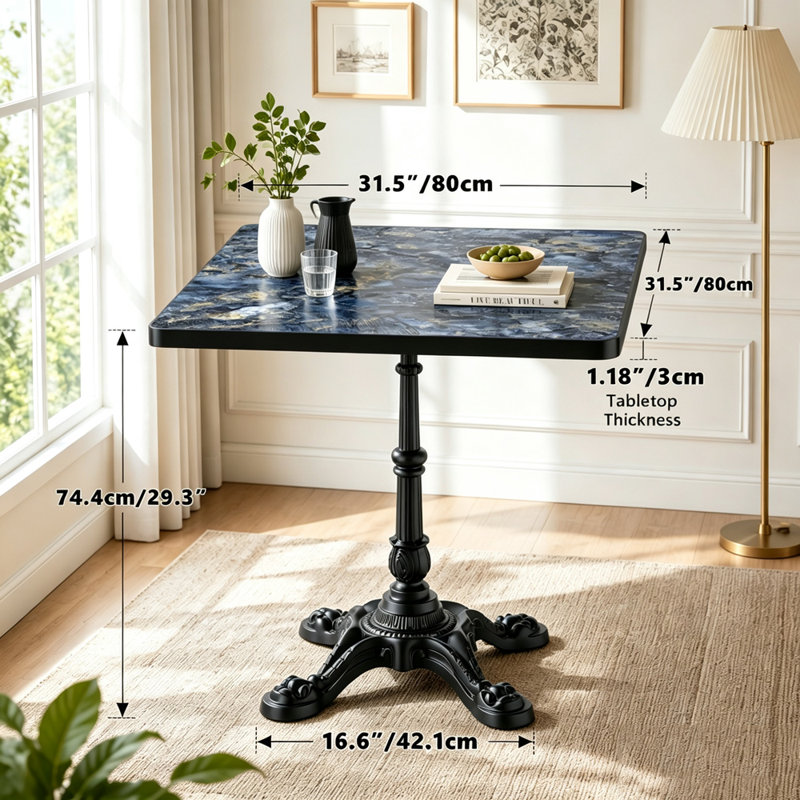 Table carrée tulipe en pierre frittée avec base en fonte, Carré + pierre frittée LBS