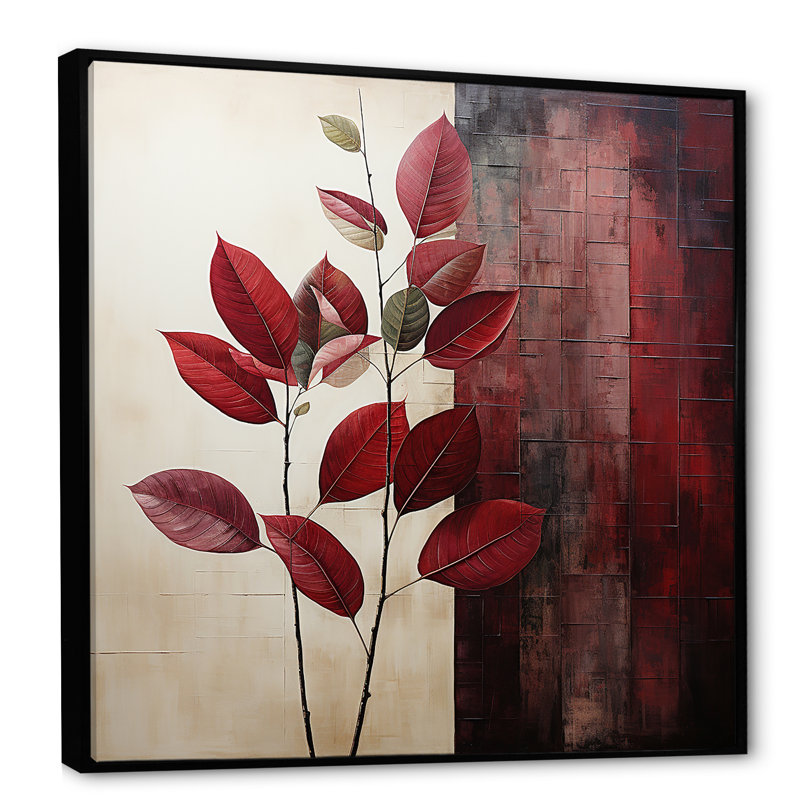 Bordeaux, feuille audacieuse II - feuilles, art mural, Cadre flottant noir, H 36 po x l 36 po x P 1,5 po