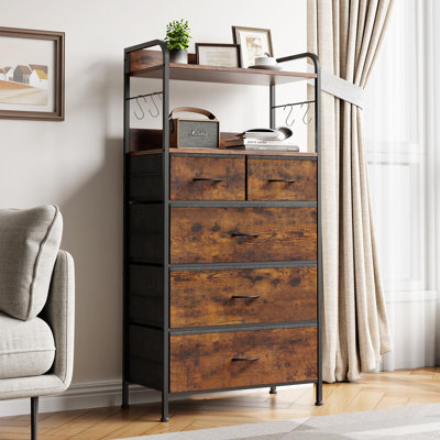 5-Drawer Storage Dresser with Fabric Drawers & Metal Frame, Dresser for Bedroom Featuring Wood Tabletop and Smooth Pull Handles, Versatile Organizer for Bedroom, Entryway, or Hallway