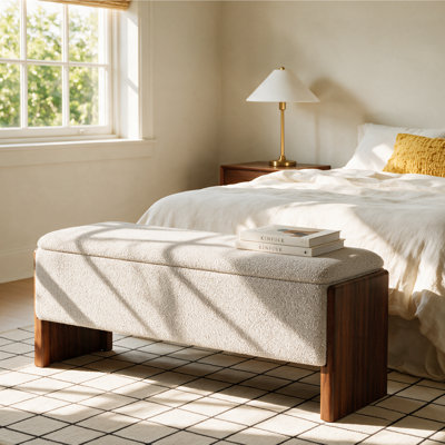 Banc de rangement rembourré bouclé de 42,5 pouces avec pieds en bois massif