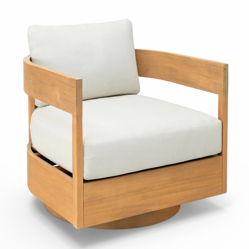 Chaise longue pivotante à 360 ° avec structure en bois d'acacia et coussins en oléfine, Blanc, crème