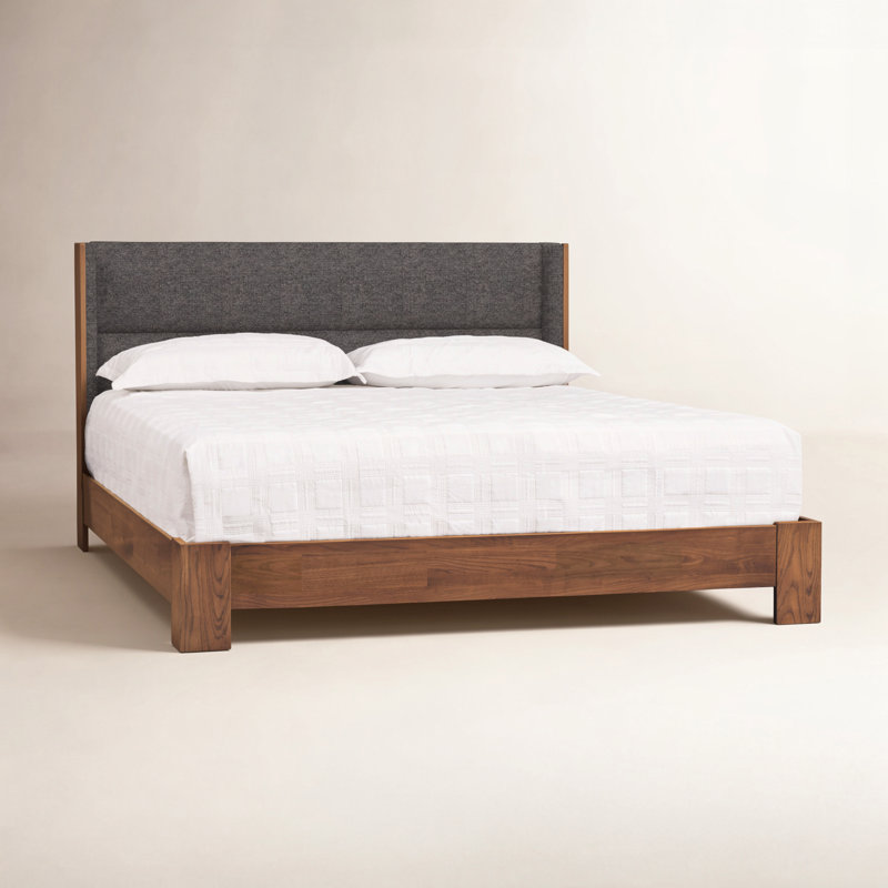 Sloane Upholstered Platform Bed, Queen, Fabric Slate (M10245), Natural Walnut