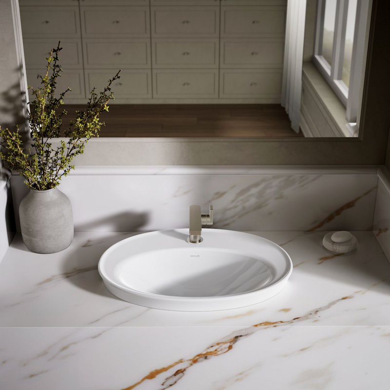 Lavabo de salle de bain ovale encastré en céramique avec trop-plein Serif, Blanc, Simple