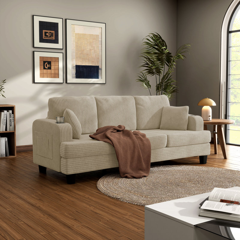 Luka Chenille Sofa With Cup Holders And Usb Ports, 35.3" H x 84.3" W x 34" D, Beige
